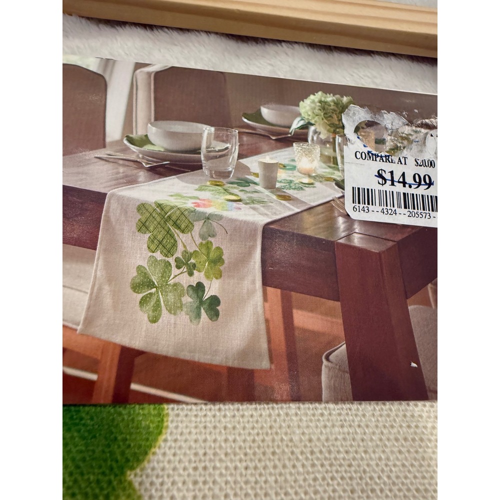 Lucky Lane St Patricks Day Table Runner Linen Cotton Shamrocks Rainbow 14x72